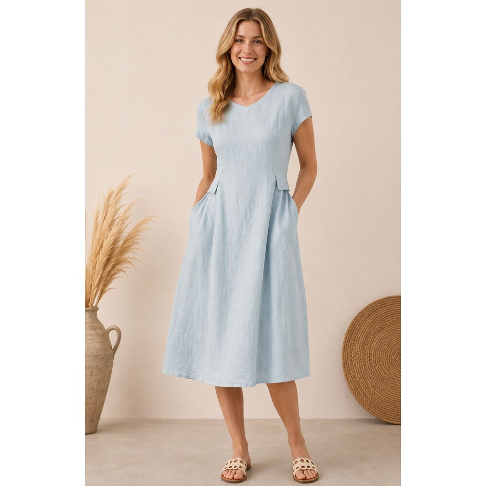 LINTICO 100% Linen Blue Midi Dress Women's L V Neck Pockets A Line Boho NWT